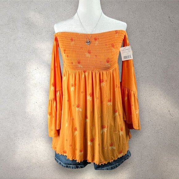 Free People Lana Off Shoulder Tunic Top Women’s Small Golden Poppy Floral NWT - Picture 1 of 11